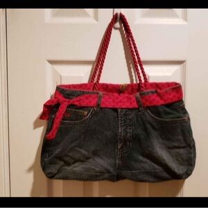 Upcycled Boho Denim Jean Shoulder Bag with Harley Davidson Motorcycle Pin